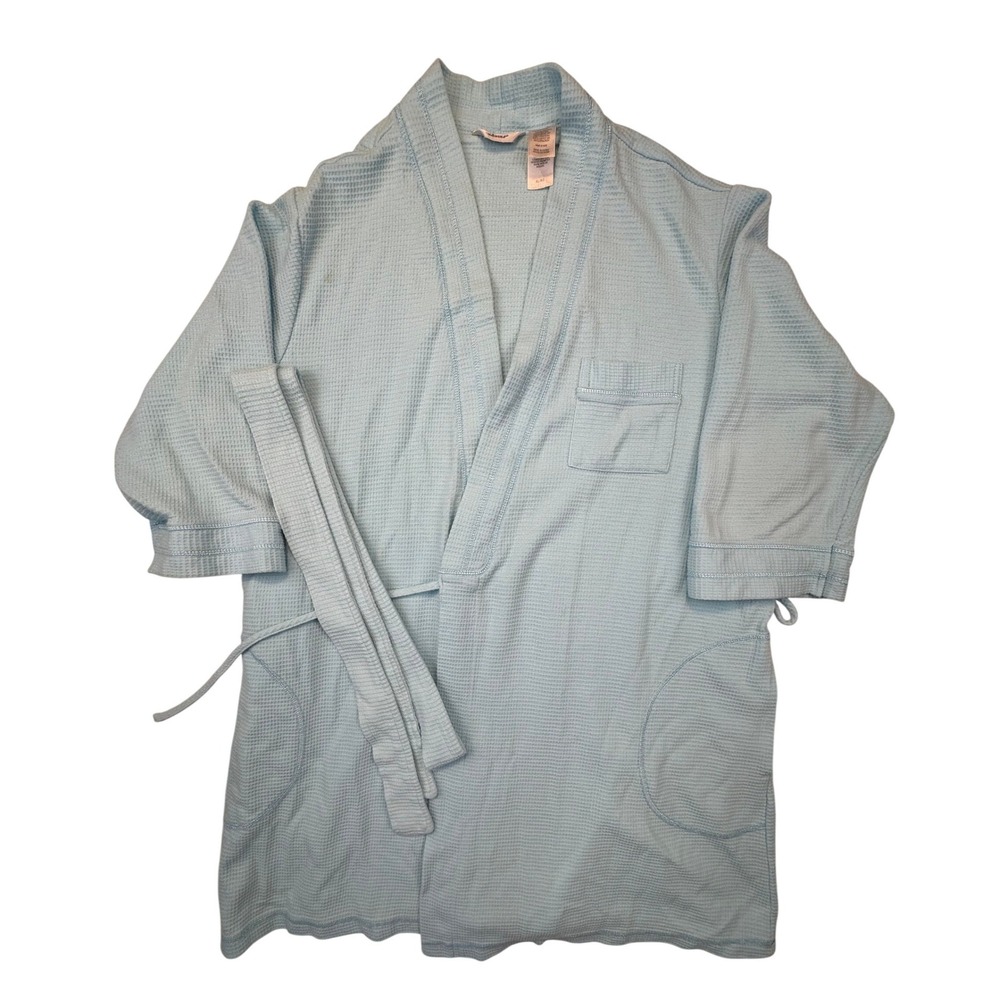 Adonna Waffle Knit Robe Women XL Blue Short Wrap Tie‎ Belt Pockets Loungewear